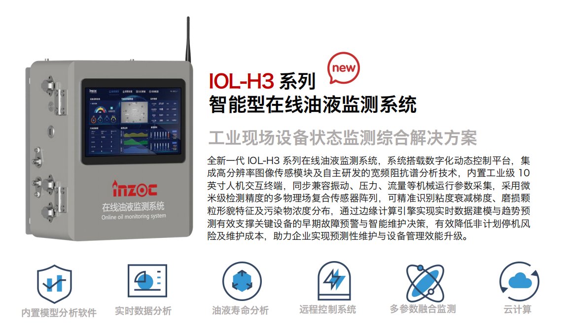 IOL-H3系列智能型在線(xiàn)油液監(jiān)測(cè)系統(tǒng)-工業(yè)現(xiàn)場(chǎng)設(shè)備狀態(tài)監(jiān)測(cè)綜合解決方案圖1 全新一代 IOL-H3 系列在線(xiàn)油液監(jiān)測(cè)系統(tǒng)，系統(tǒng)搭載數(shù)字化動(dòng)態(tài)控制平臺(tái)，集成高分辨率圖像傳感模塊及自主研發(fā)的寬頻阻抗譜分析技術(shù)，內(nèi)置工業(yè)級(jí) 10英寸人機(jī)交互終端，同步兼容振動(dòng)、壓力、流量等機(jī)械運(yùn)行參數(shù)采集，采用微米級(jí)檢測(cè)精度的多物理場(chǎng)復(fù)合傳感器陣列，可精準(zhǔn)識(shí)別粘度衰減梯度、磨損顆粒形貌特征及污染物濃度分布，通過(guò)邊緣計(jì)算引擎實(shí)現(xiàn)實(shí)時(shí)數(shù)據(jù)建模與趨勢(shì)預(yù)測(cè)有效支撐關(guān)鍵設(shè)備的早期故障預(yù)警與智能維護(hù)決策，有效降低非計(jì)劃停機(jī)風(fēng)險(xiǎn)及維護(hù)成本，助力企業(yè)實(shí)現(xiàn)預(yù)測(cè)性維護(hù)與設(shè)備管理效能升級(jí)。